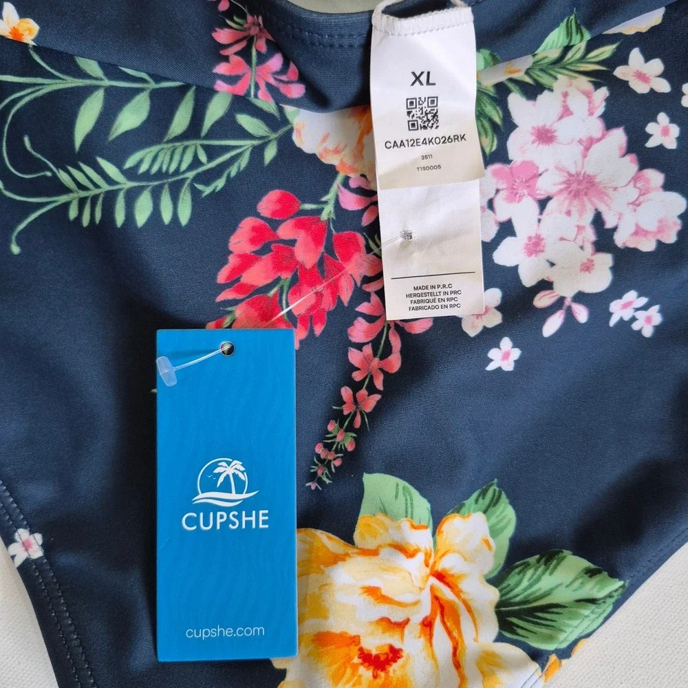 Cupshe Womens‎ Navy Floral Ruched V-Neck One Piece Swimsuit Cutout Back Size XL